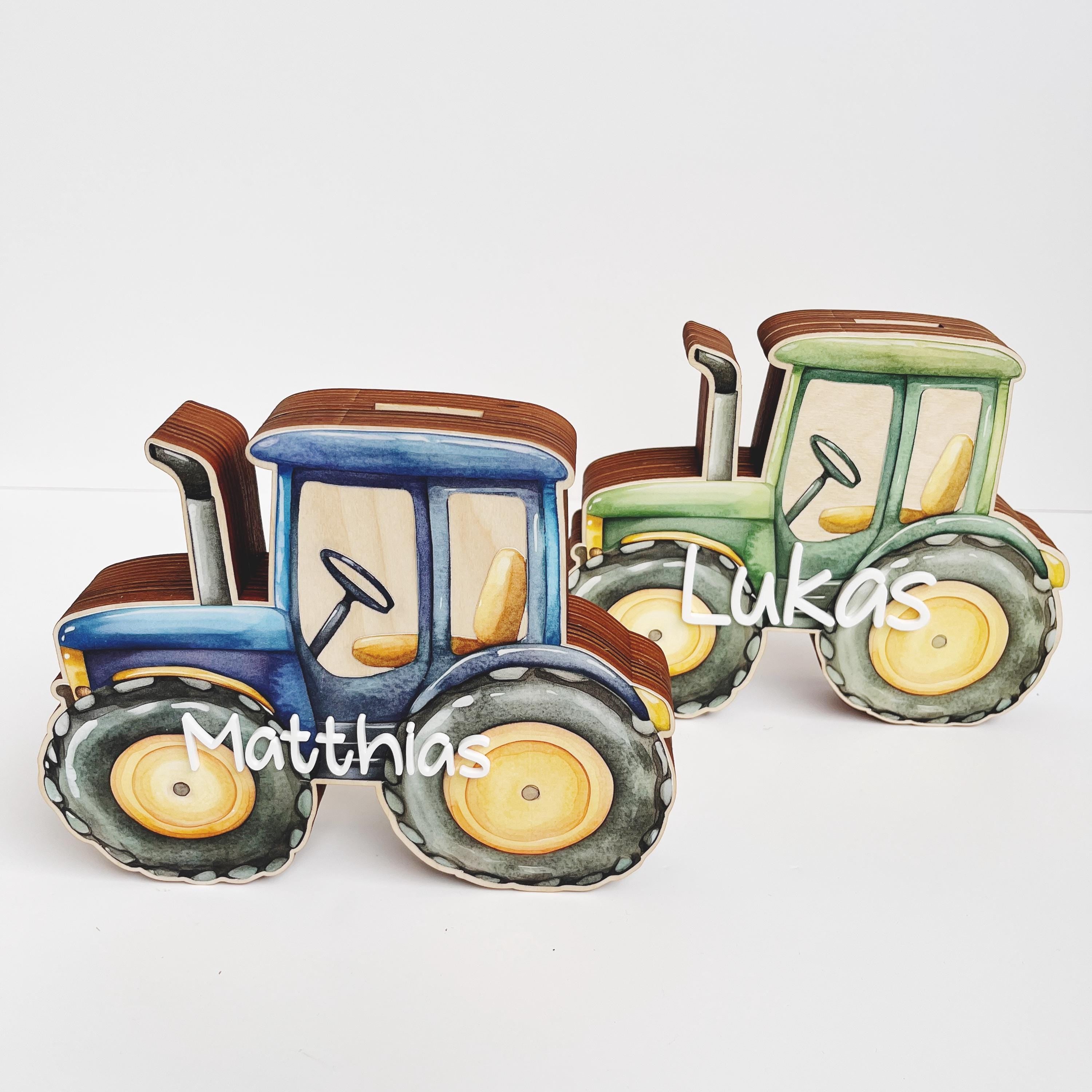 Traktor Spardose Kind personalisiert, Spardose Traktor Holz