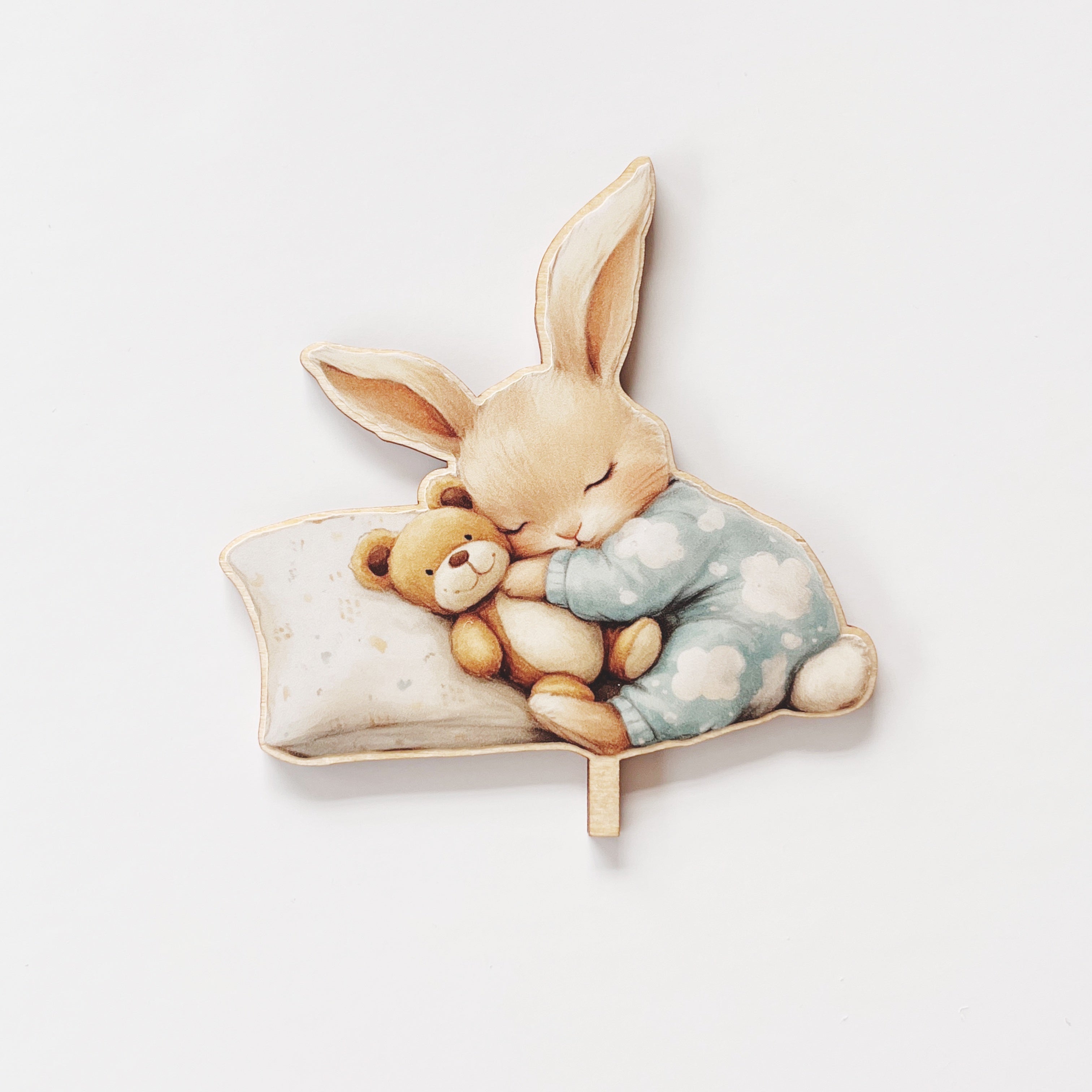 Motivstecker schlafender Hase mit Kissen und Kuscheltier