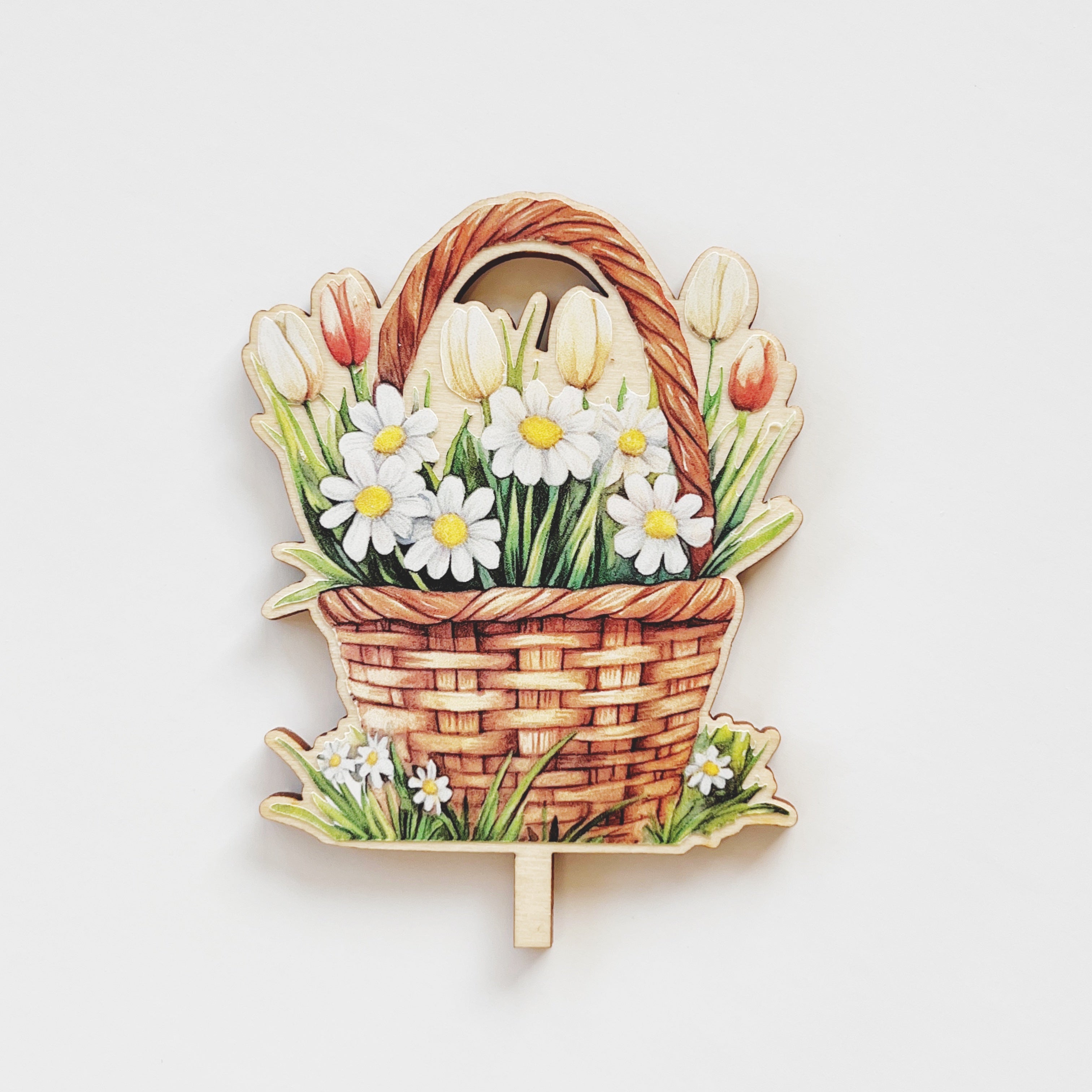 Motivstecker Korb mit Margeriten und Tulpen