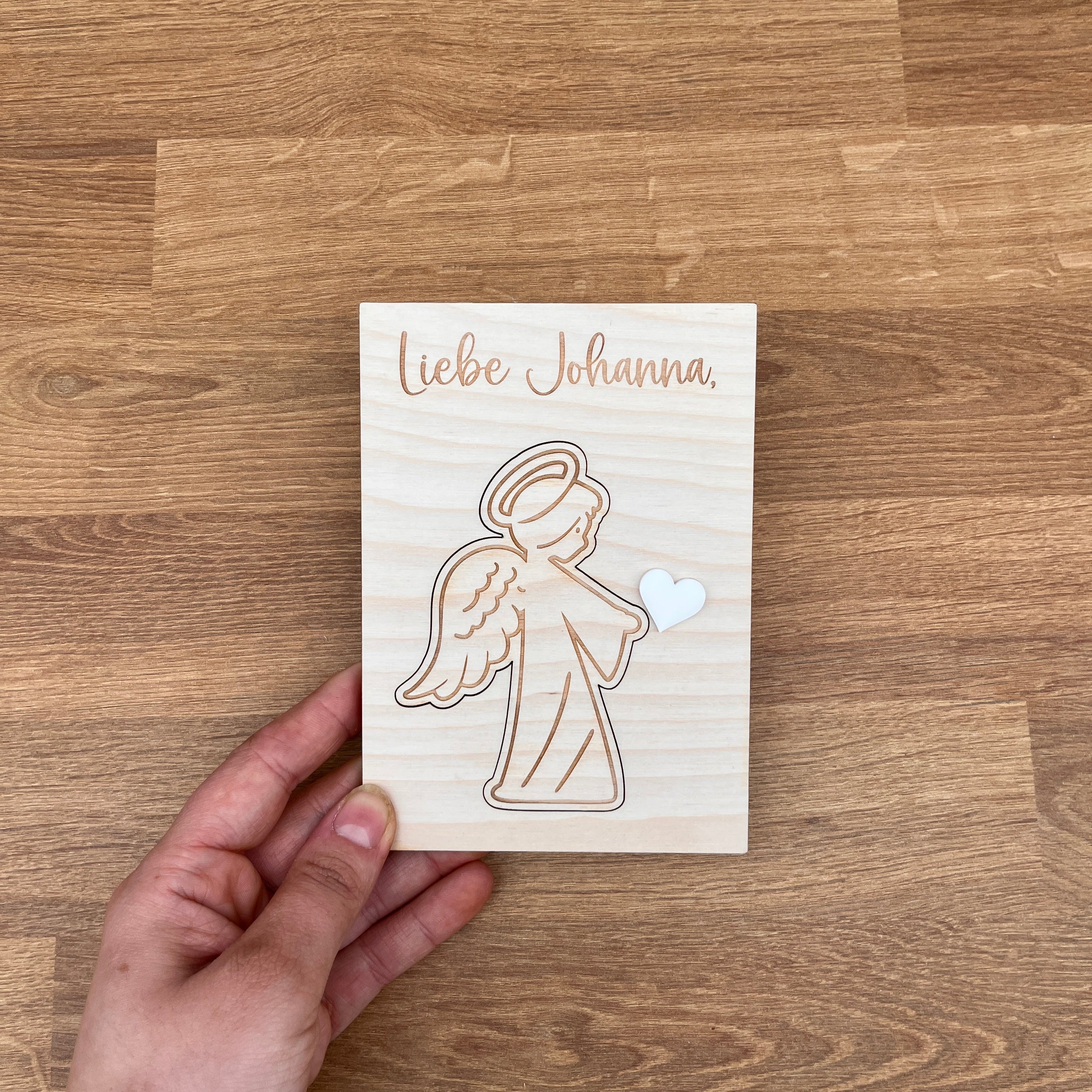 Paten fragen gravierter Engel mit Herz Postkartenformat Variante