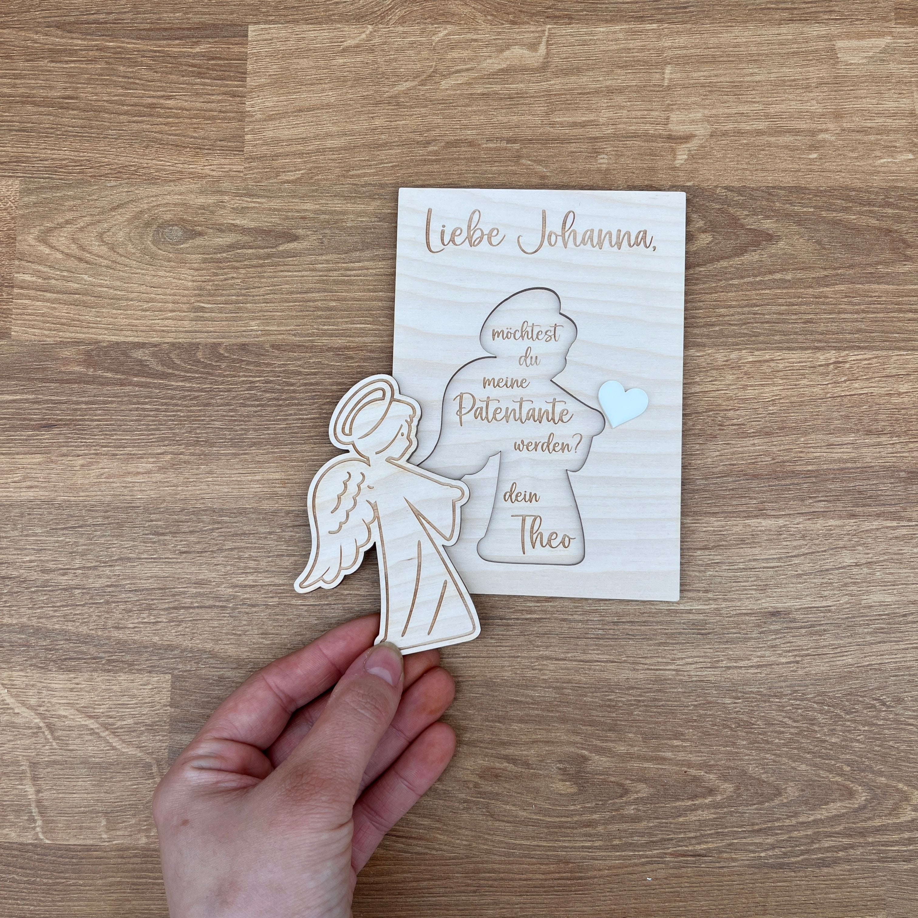 Paten fragen gravierter Engel mit Herz Postkartenformat Variante