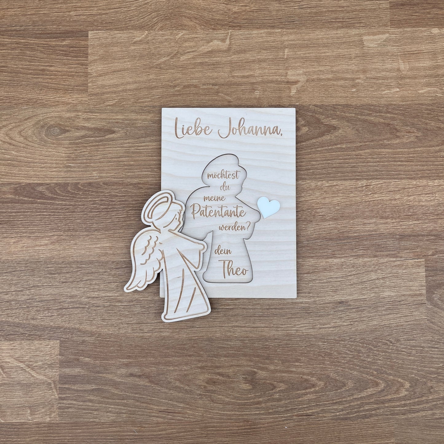 Paten fragen gravierter Engel mit Herz Postkartenformat Variante
