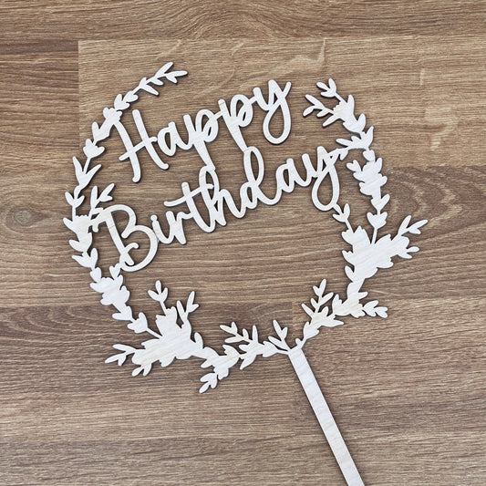 Caketopper "Happy Birthday" mit Blätterkranz offen