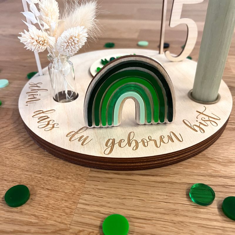Personalisierter Geburtstagsteller in grün mit Kerze und Vase