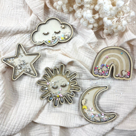 Bastelset Schüttelkugel-Anhänger Sonne, Mond, Stern, Wolke, Regenbogen