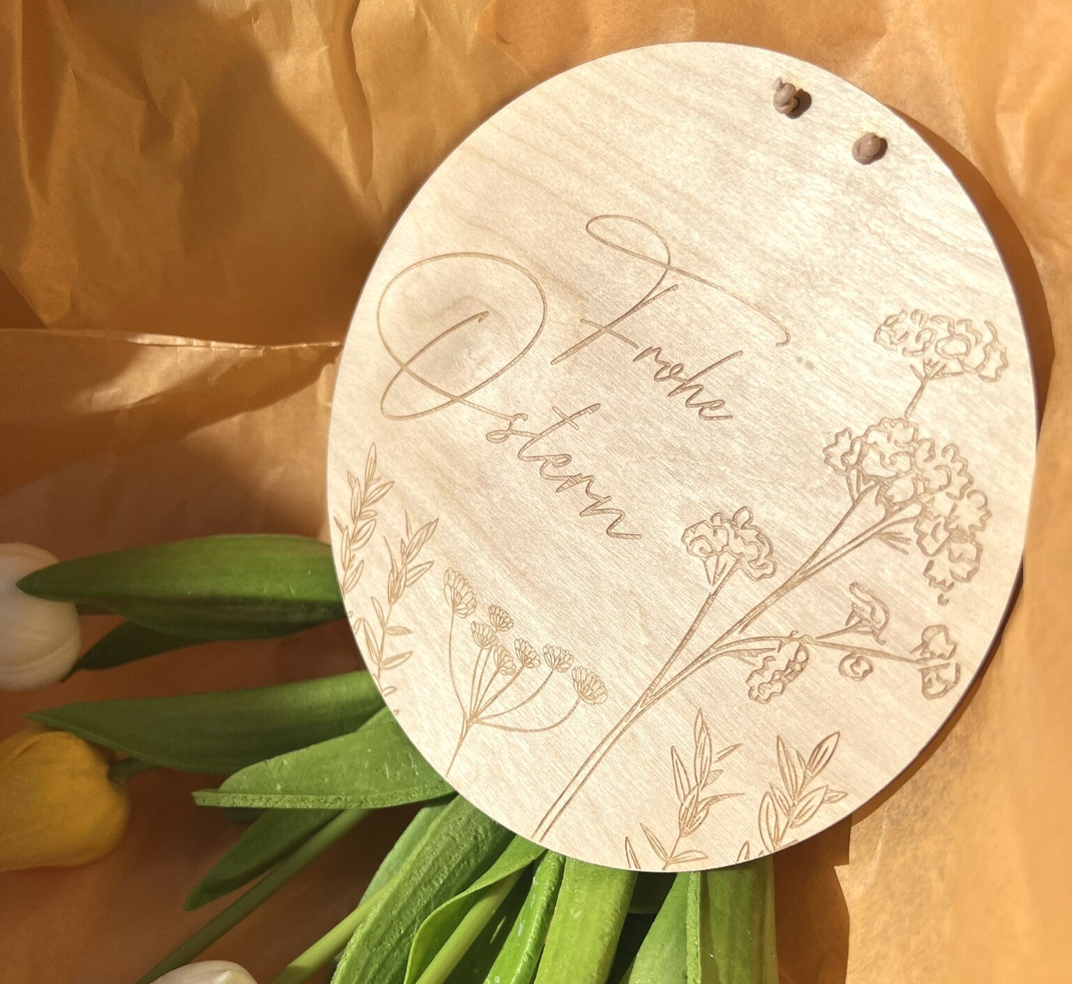 Türschild Ostern, Frohe Ostern Schild mit Blumen, Holzschild Osterdeko