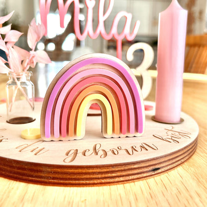 Personalisierter Geburtstagsteller „Think Pink“ mit Vase und Kerze, Kerzenplatte, Geburtstagsbrettchen, Geburtstagskranz