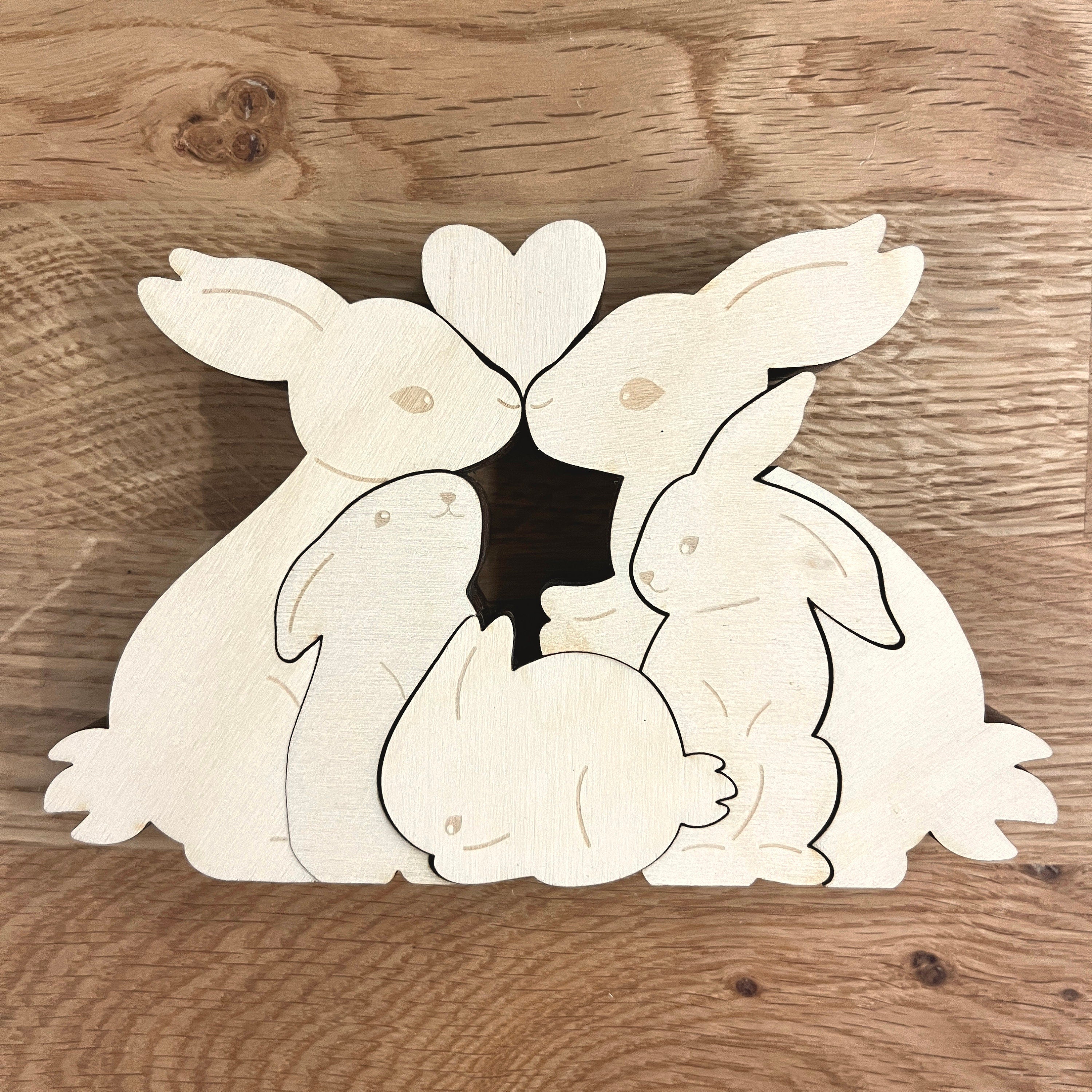Personalisiertes Geschenk Hasenfamilie, Tierfamilie aus Holz, Holztierpuzzle, Wohndekor, Weihnachtsgeschenk, Familienandenken