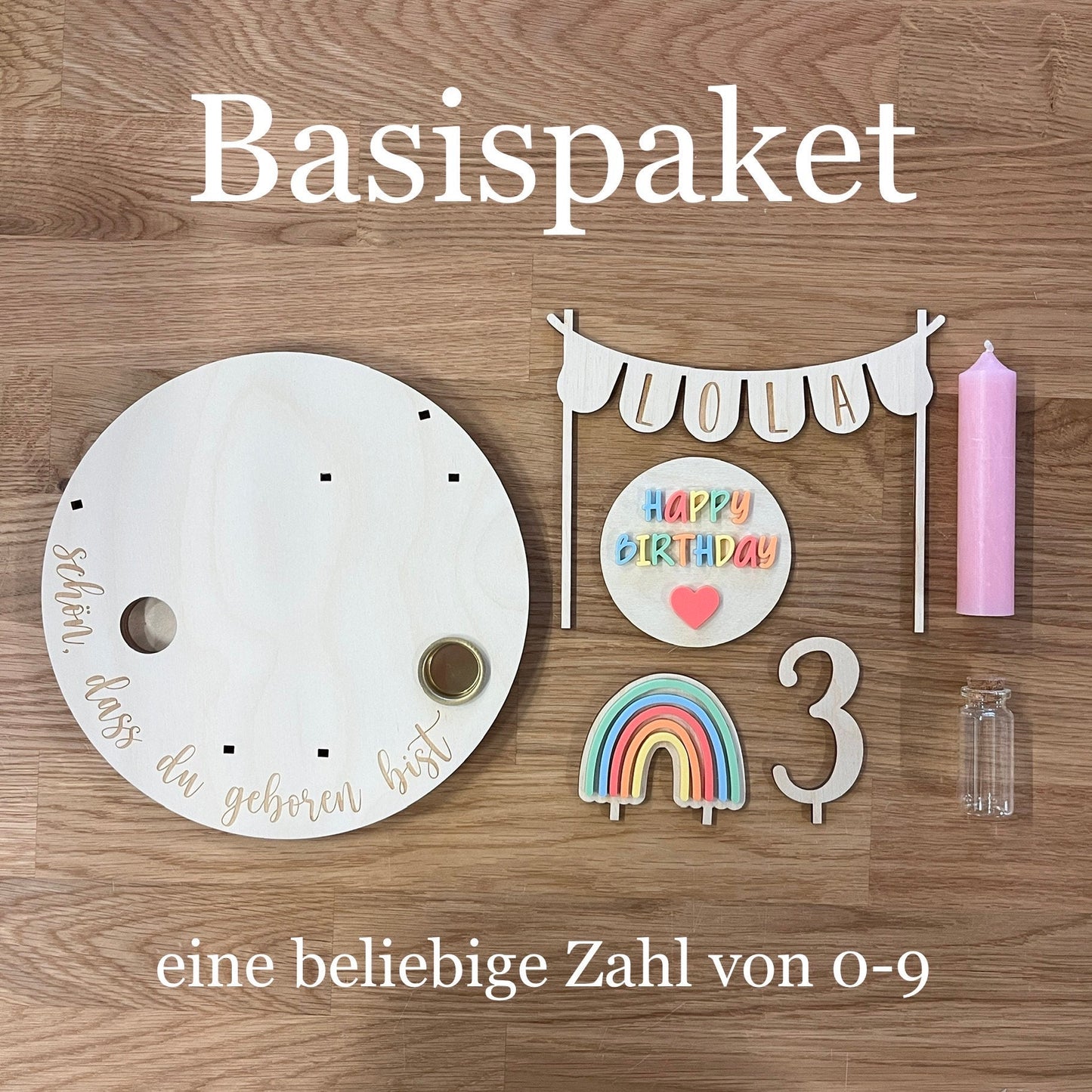 Personalisierter Geburtstagsteller für Zwillinge mit farbigen Namen, Geburtstagsteller bunt mit Vase und Kerze, Kerzenplatte
