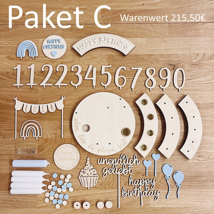 Personalisierter Geburtstagsteller pastellblau mit Vase und Kerze, Kerzenplatte, Geburtstagsbrettchen, Geburtstagstafel, Geburtstagskranz