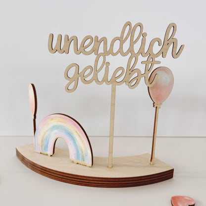 Motivstecker farbige Schmetterlinge Aquarell auf Holz für Personalisierten Geburtstagsteller mit Vase und Kerze, Kerzenplatte