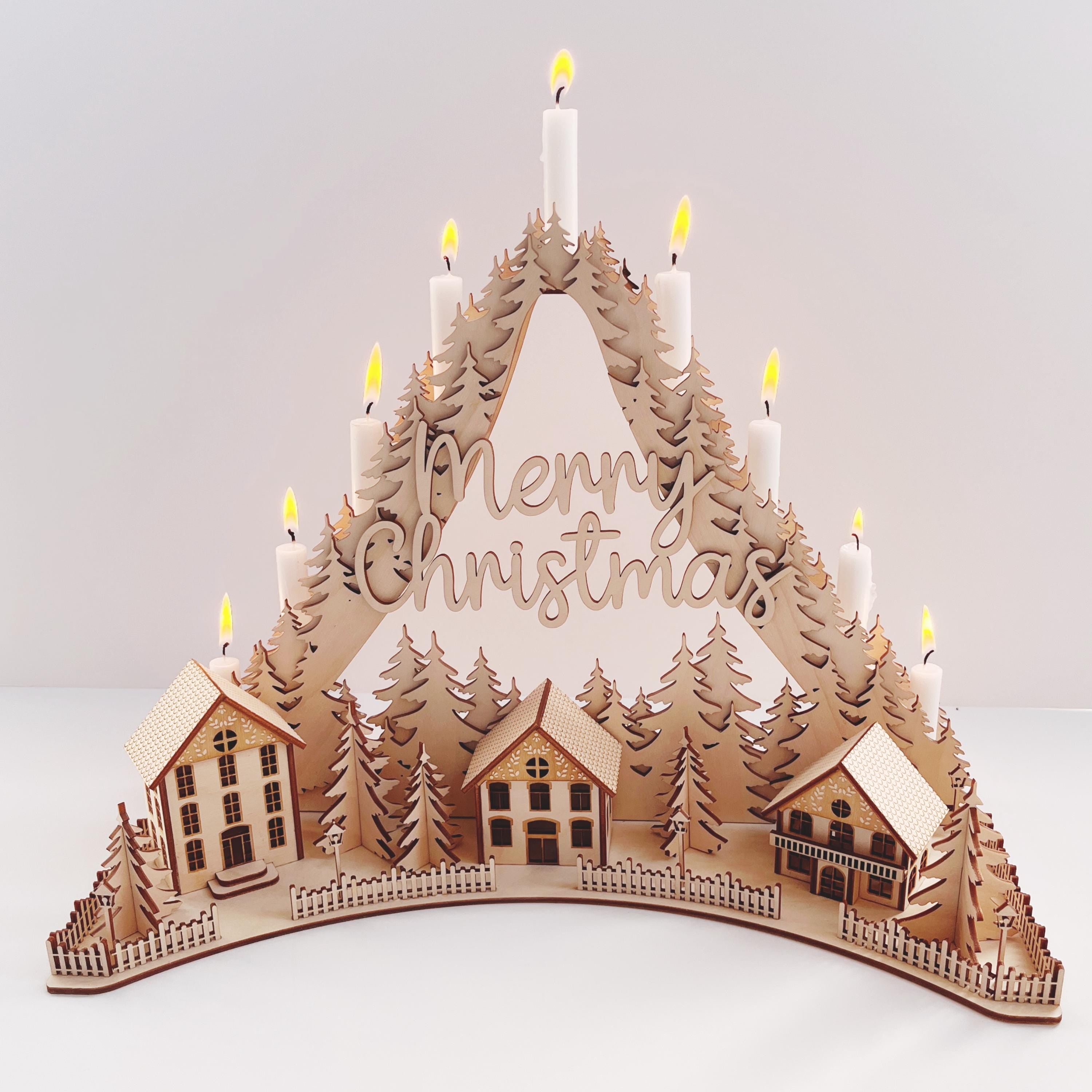 Weihnachtsdeko Holz, Handgefertigter Schwibbogen "Merry Christmas" – Weihnachtspyramide, Weihnachtsbogen, Weihnachtsdekoration aus Holz