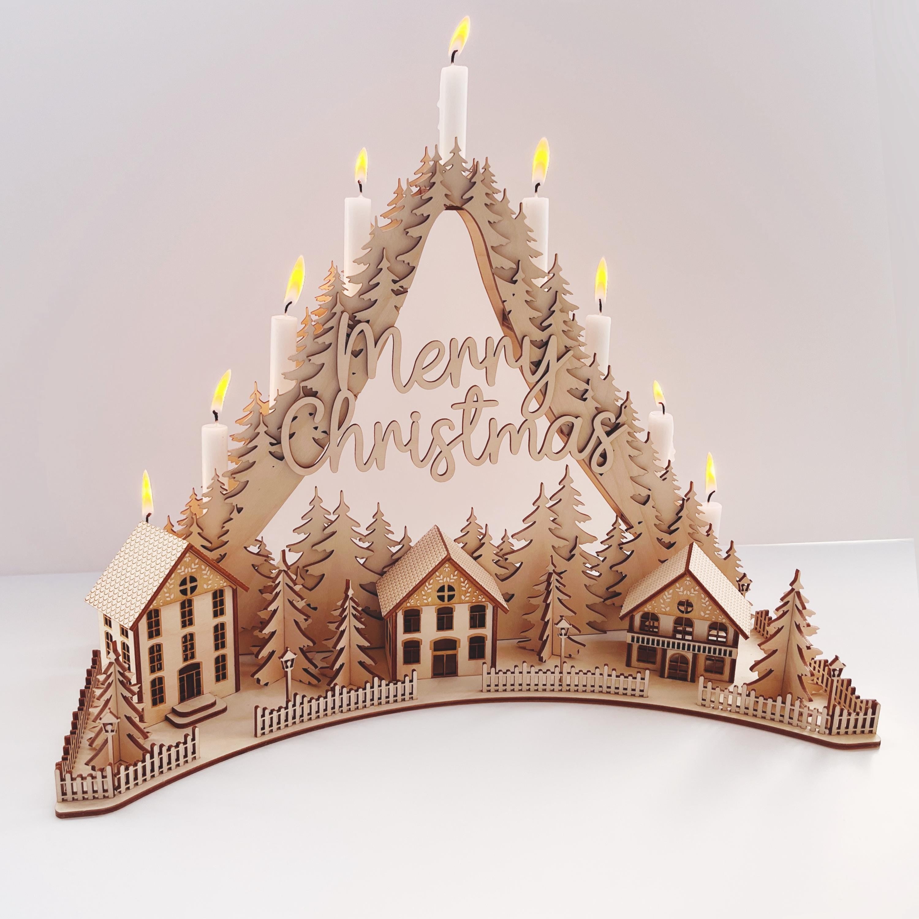 Weihnachtsdeko Holz, Handgefertigter Schwibbogen "Merry Christmas" – Weihnachtspyramide, Weihnachtsbogen, Weihnachtsdekoration aus Holz
