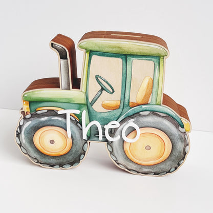Traktor Spardose Kind personalisiert, Spardose Traktor Holz
