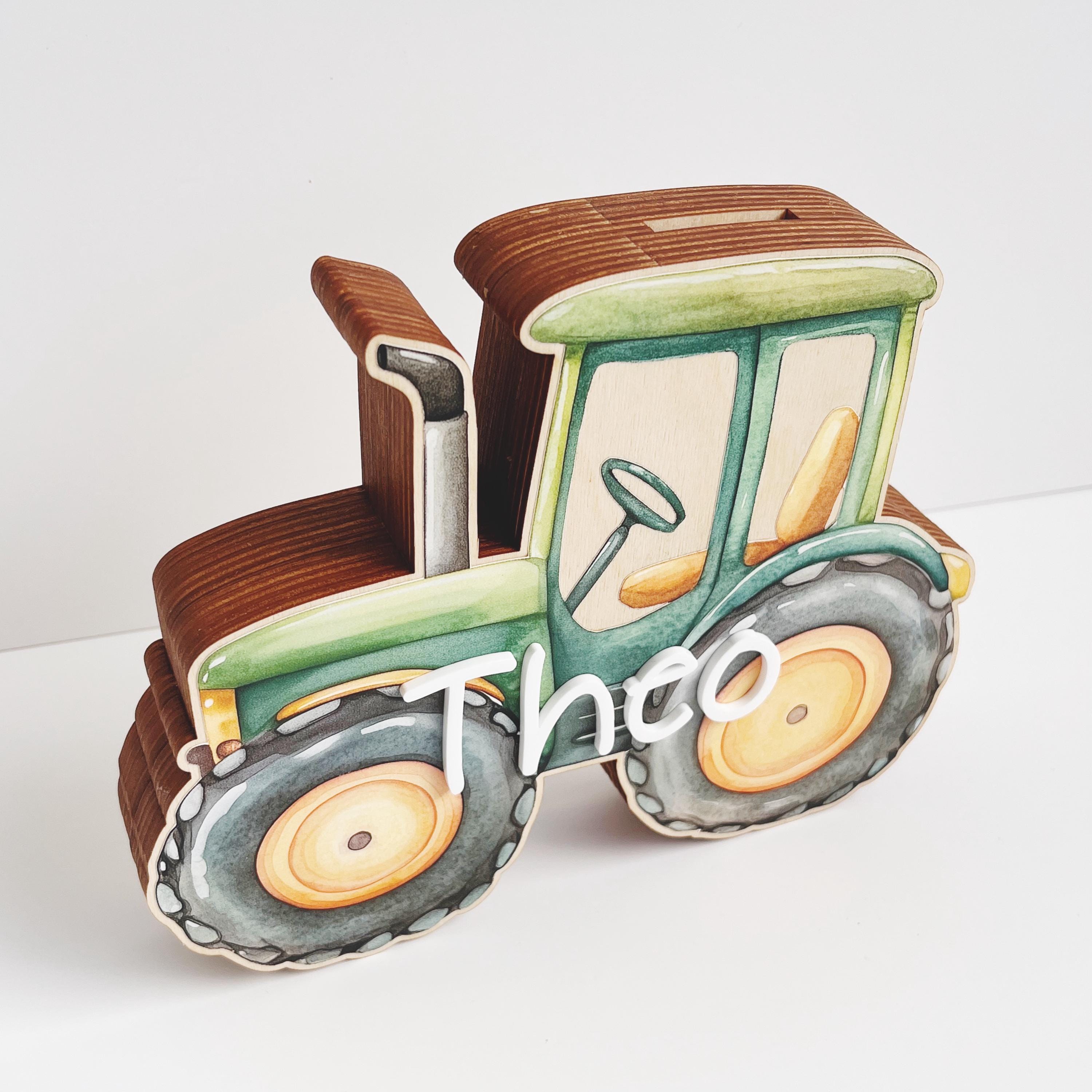 Traktor Spardose Kind personalisiert, Spardose Traktor Holz