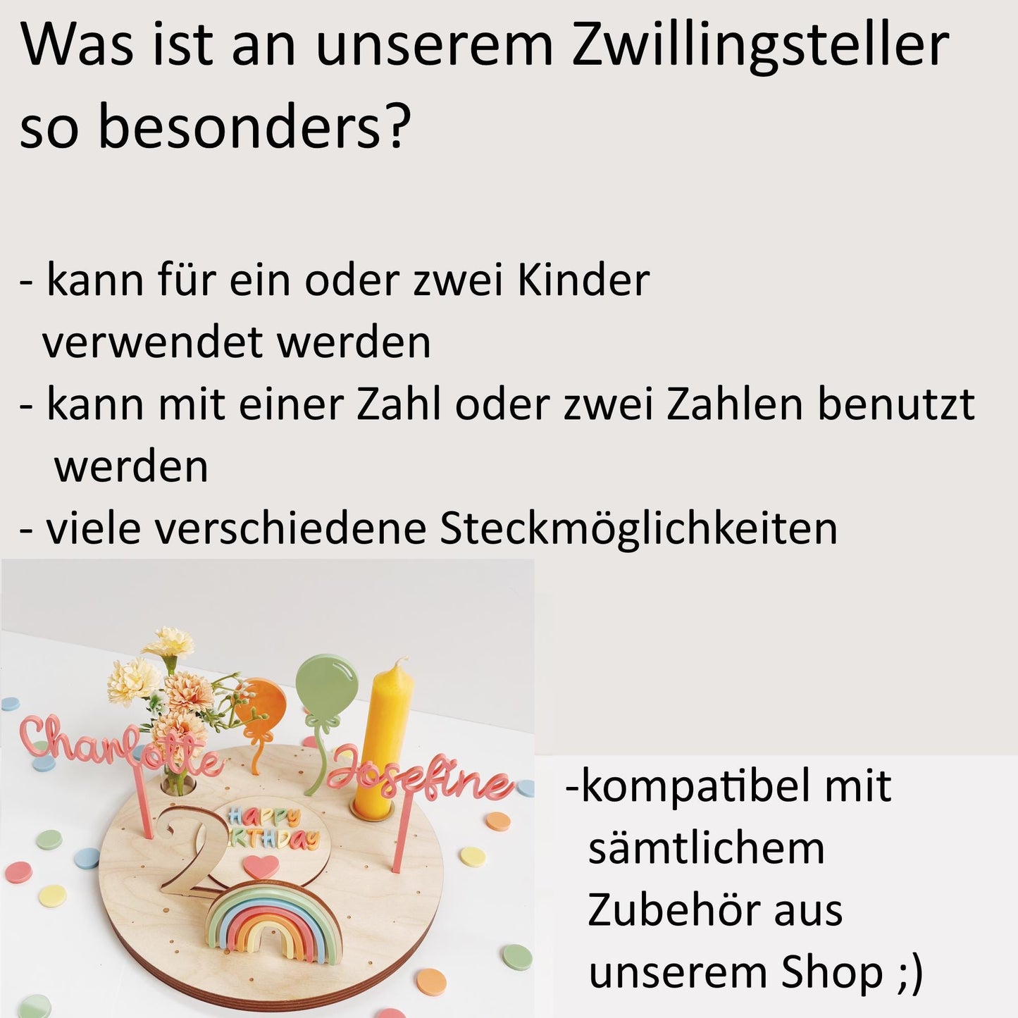 Personalisierter Geburtstagsteller für Zwillinge mit farbigen Namen, Geburtstagsteller bunt mit Vase und Kerze, Kerzenplatte