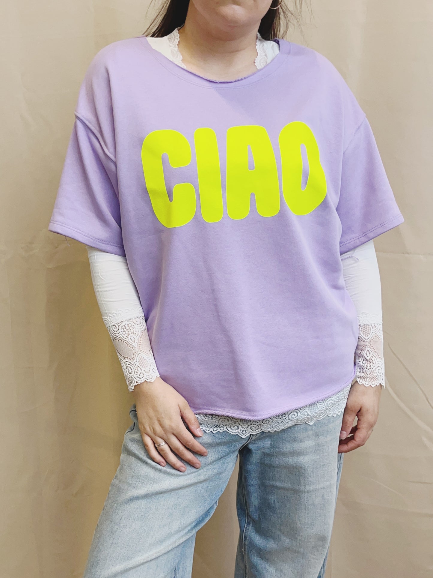 "CIAO" Sweater mit kurzen Ärmeln flieder